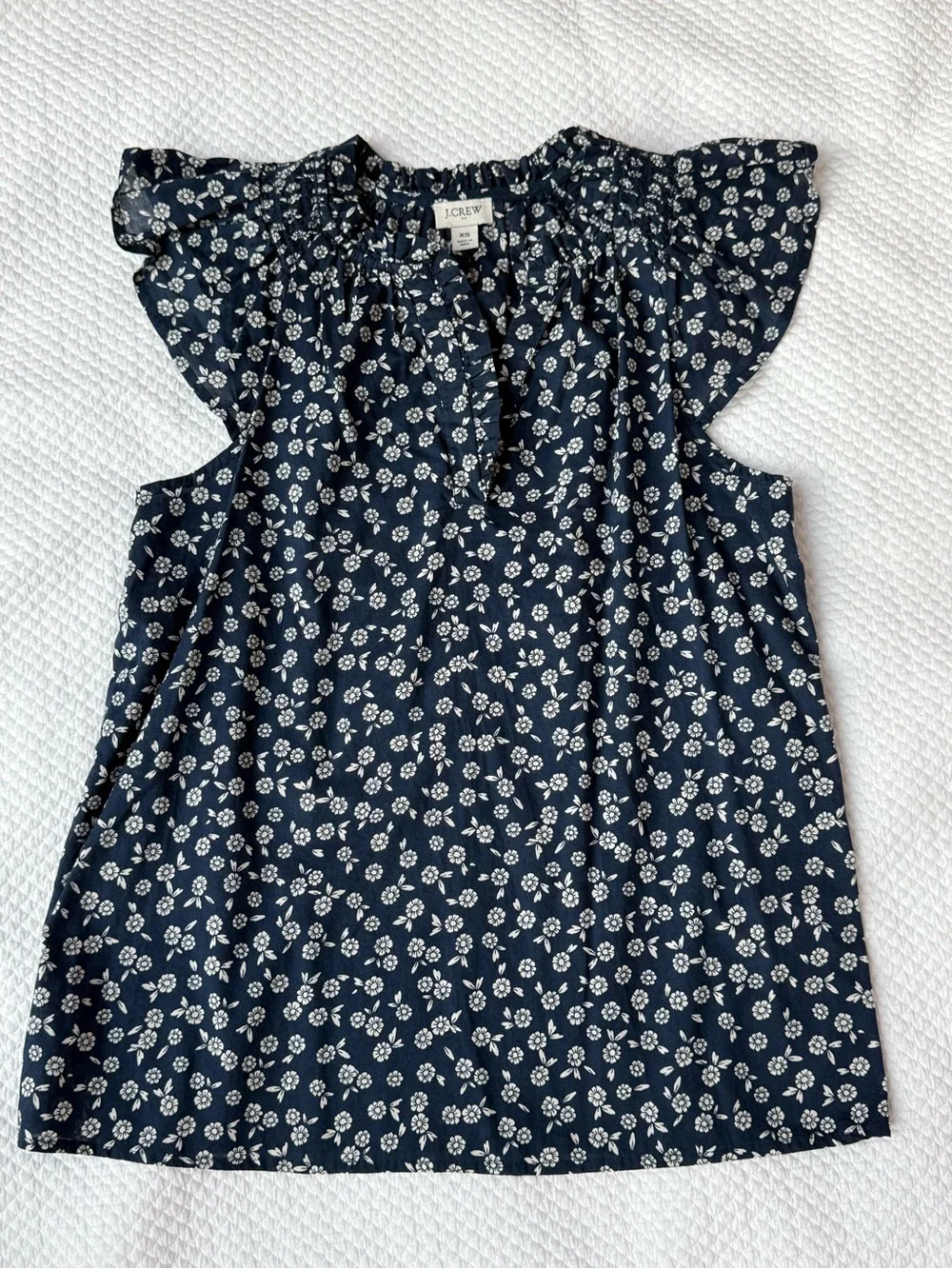 J. Crew Navy Flutter-sleeve block-print top, Size XS